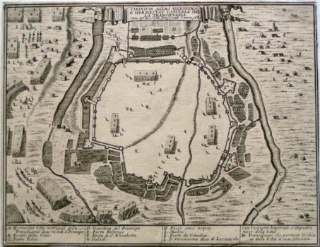 Harta Sibiului la 1687, cu reprezentarea cursurilor de apă din Piața Mare