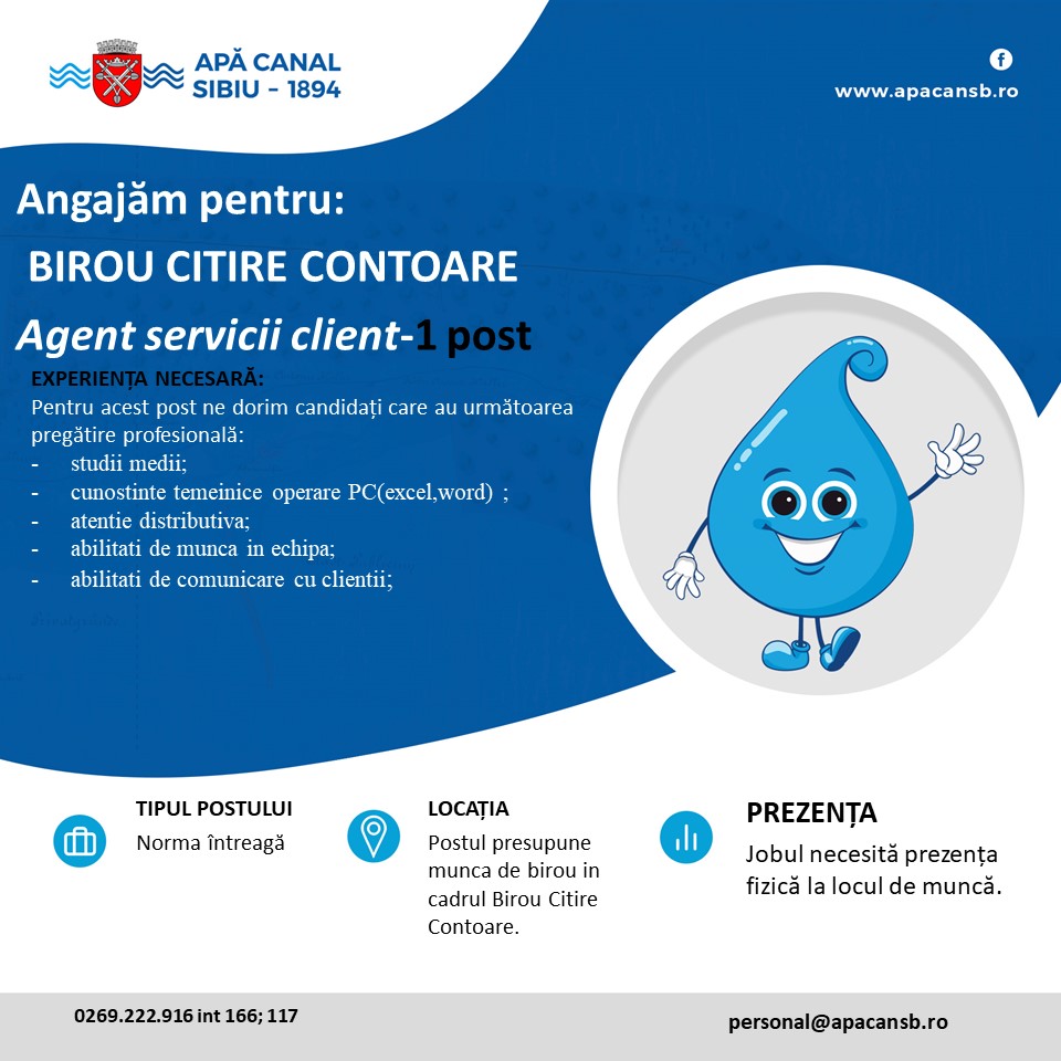 dry preface Production center Angajăm agent servicii client - Apa Canal Sibiu